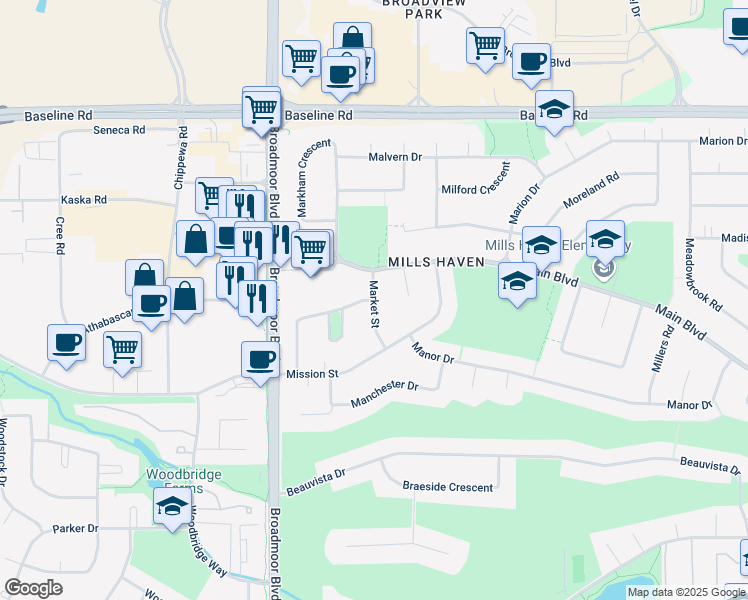 map of restaurants, bars, coffee shops, grocery stores, and more near Market Street in Sherwood Park