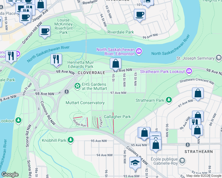 map of restaurants, bars, coffee shops, grocery stores, and more near 9710 95 Street in Edmonton