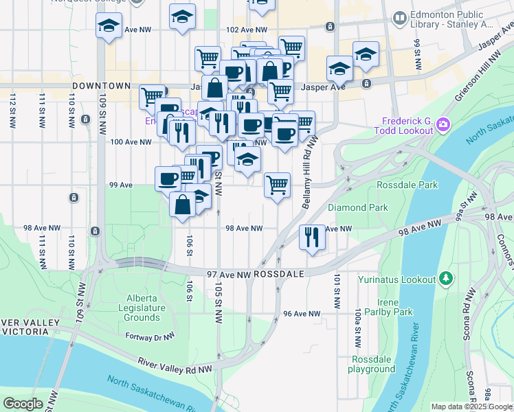 map of restaurants, bars, coffee shops, grocery stores, and more near 9819 104 Street Northwest in Edmonton