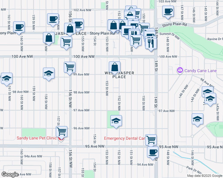 map of restaurants, bars, coffee shops, grocery stores, and more near 9805 153 Street Northwest in Edmonton