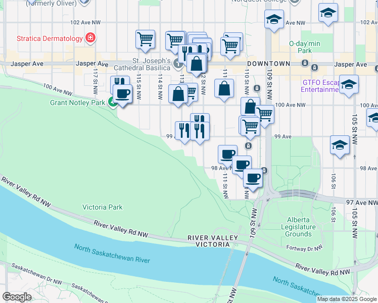 map of restaurants, bars, coffee shops, grocery stores, and more near 9825 113 Street in Edmonton