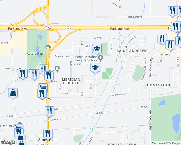 map of restaurants, bars, coffee shops, grocery stores, and more near 4302 C 43 Street in Stony Plain