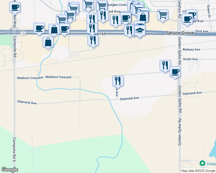 map of restaurants, bars, coffee shops, grocery stores, and more near 70 Alberta Avenue in Spruce Grove