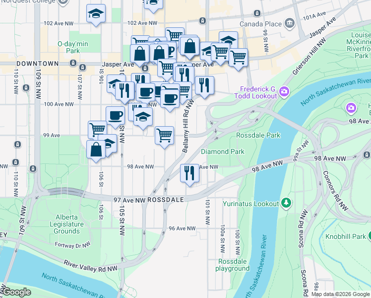 map of restaurants, bars, coffee shops, grocery stores, and more near Bellamy Hill Road Northwest in Edmonton