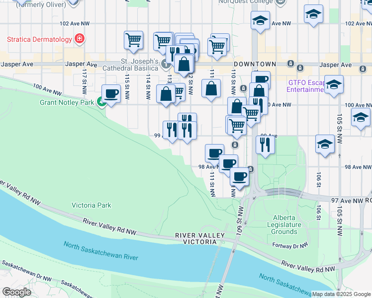 map of restaurants, bars, coffee shops, grocery stores, and more near 9828 112 Street Northwest in Edmonton