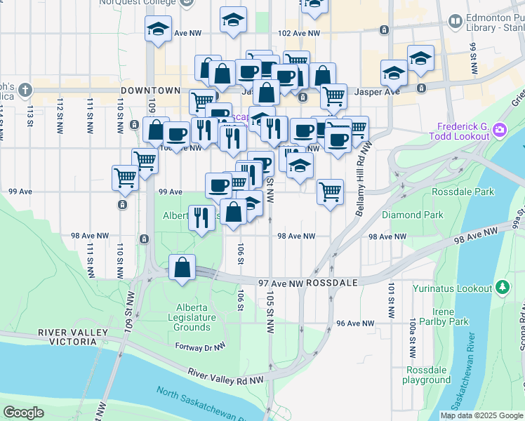 map of restaurants, bars, coffee shops, grocery stores, and more near 9830 105 Street Northwest in Edmonton