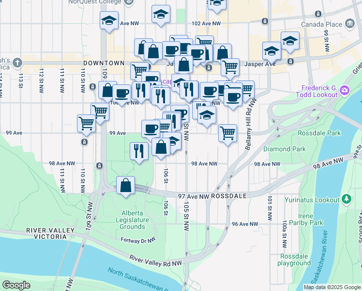map of restaurants, bars, coffee shops, grocery stores, and more near 9830 105 Street Northwest in Edmonton