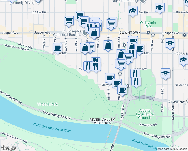 map of restaurants, bars, coffee shops, grocery stores, and more near 9828 112 Street Northwest in Edmonton
