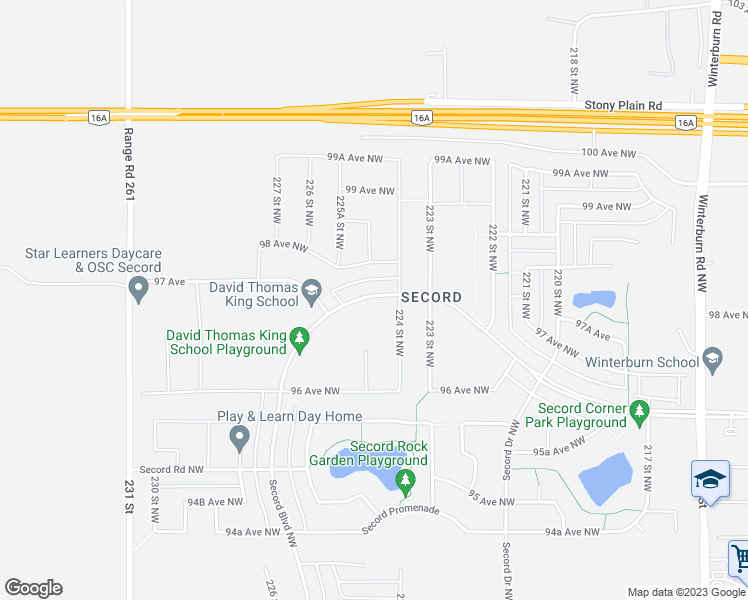 map of restaurants, bars, coffee shops, grocery stores, and more near 22707 97 Avenue Northwest in Edmonton
