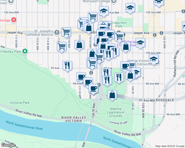 map of restaurants, bars, coffee shops, grocery stores, and more near 9837 110 Street Northwest in Edmonton
