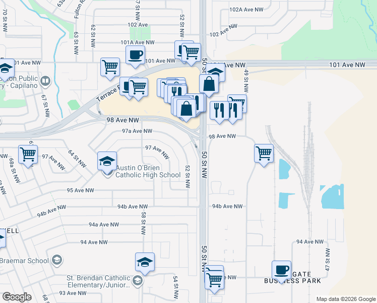 map of restaurants, bars, coffee shops, grocery stores, and more near 9623 52 Street Northwest in Edmonton