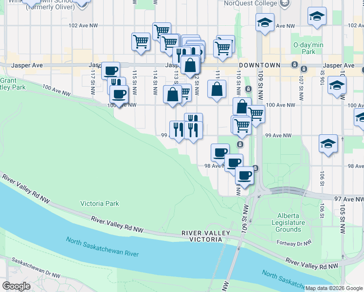 map of restaurants, bars, coffee shops, grocery stores, and more near 9825 113 Street in Edmonton