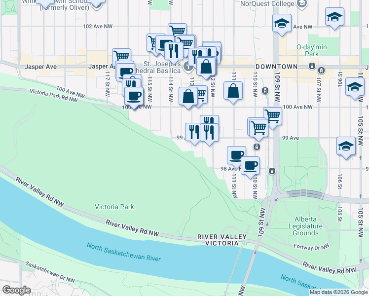 map of restaurants, bars, coffee shops, grocery stores, and more near 20739 99 Avenue in Edmonton