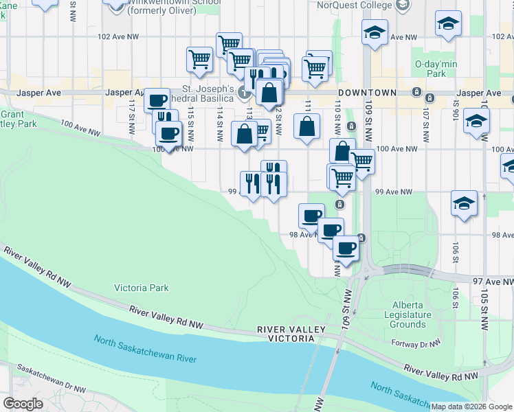 map of restaurants, bars, coffee shops, grocery stores, and more near 9825 113 Street in Edmonton
