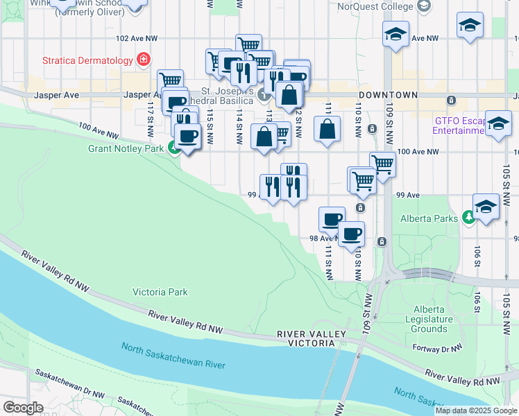 map of restaurants, bars, coffee shops, grocery stores, and more near 20739 99 Avenue in Edmonton