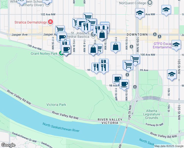 map of restaurants, bars, coffee shops, grocery stores, and more near 11307 99 Avenue in Edmonton