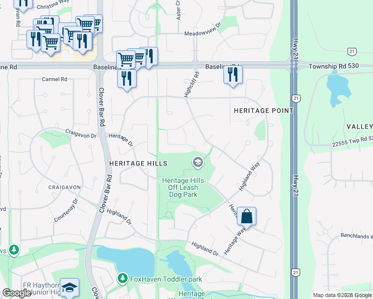 map of restaurants, bars, coffee shops, grocery stores, and more near 52 Hillside Crescent in Sherwood Park