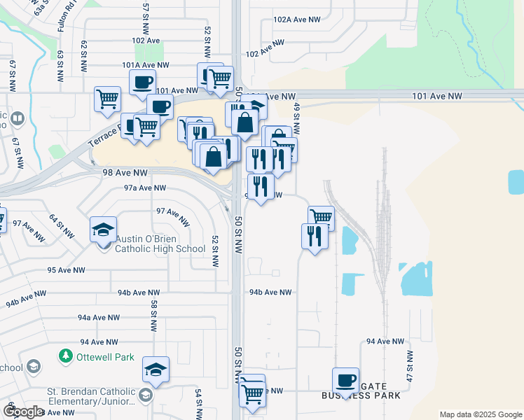 map of restaurants, bars, coffee shops, grocery stores, and more near 4999 98 Avenue Northwest in Edmonton