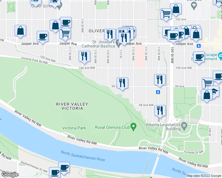 map of restaurants, bars, coffee shops, grocery stores, and more near 20739 99 Avenue in Edmonton