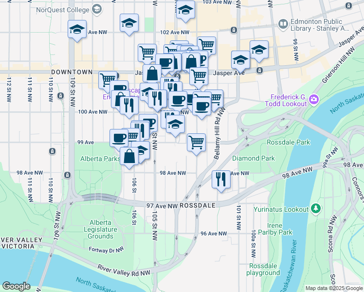 map of restaurants, bars, coffee shops, grocery stores, and more near 9903 104 Street Northwest in Edmonton