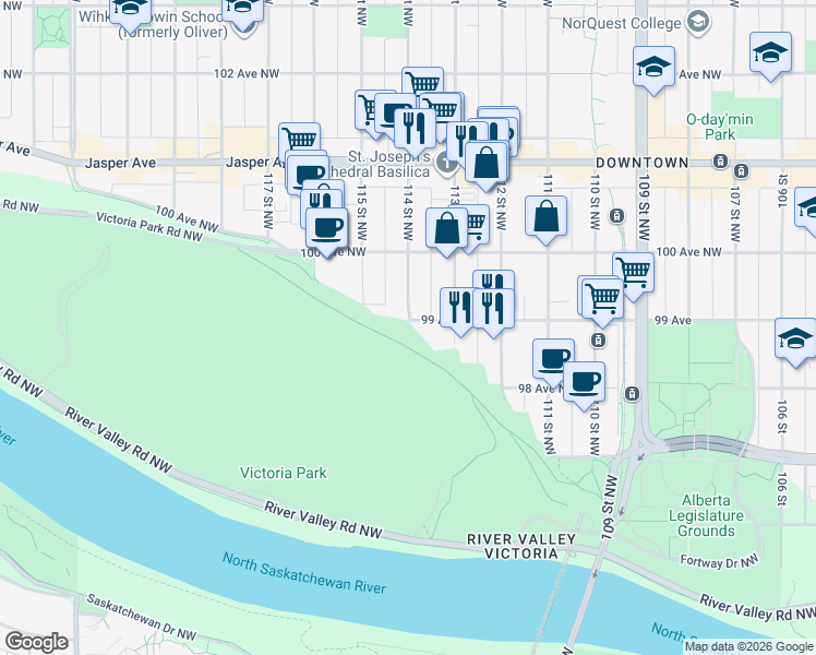 map of restaurants, bars, coffee shops, grocery stores, and more near 20739 99 Avenue in Edmonton