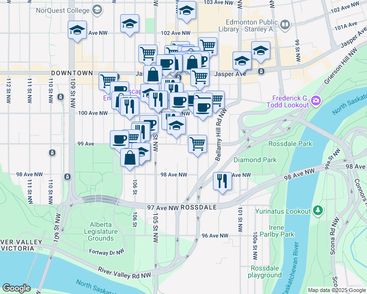 map of restaurants, bars, coffee shops, grocery stores, and more near in Edmonton