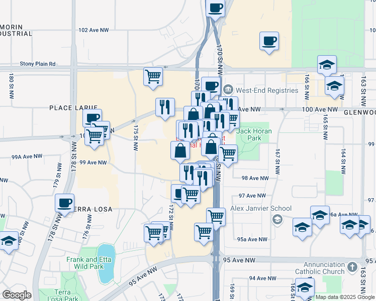 map of restaurants, bars, coffee shops, grocery stores, and more near 9942 170 Street Northwest in Edmonton