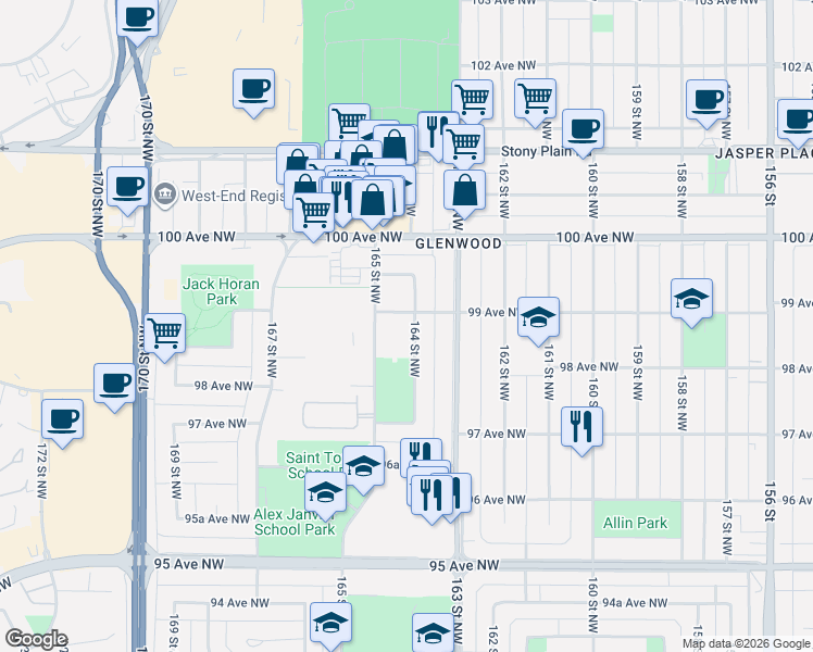 map of restaurants, bars, coffee shops, grocery stores, and more near 9807 164 Street Northwest in Edmonton