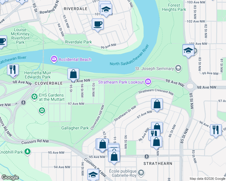 map of restaurants, bars, coffee shops, grocery stores, and more near 9105 98 Avenue Northwest in Edmonton