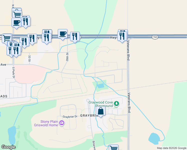 map of restaurants, bars, coffee shops, grocery stores, and more near 57 Sun Meadows Close in Stony Plain