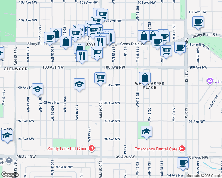 map of restaurants, bars, coffee shops, grocery stores, and more near 15502 99 Avenue Northwest in Edmonton