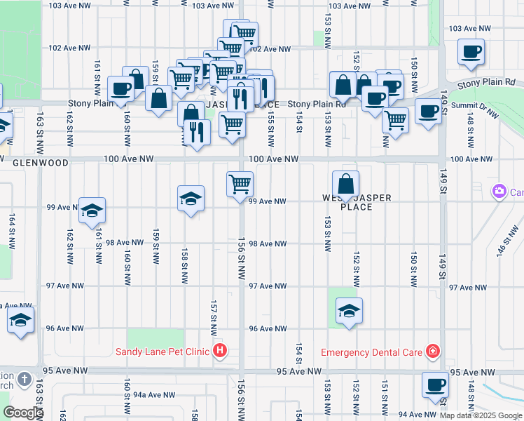 map of restaurants, bars, coffee shops, grocery stores, and more near 15502 99 Avenue Northwest in Edmonton
