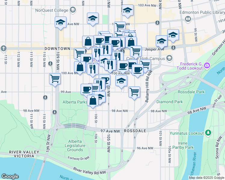 map of restaurants, bars, coffee shops, grocery stores, and more near 9903 105 Street Northwest in Edmonton