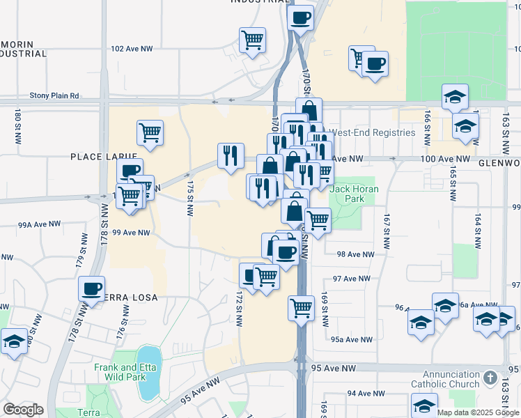 map of restaurants, bars, coffee shops, grocery stores, and more near 17115 100 Avenue Northwest in Edmonton