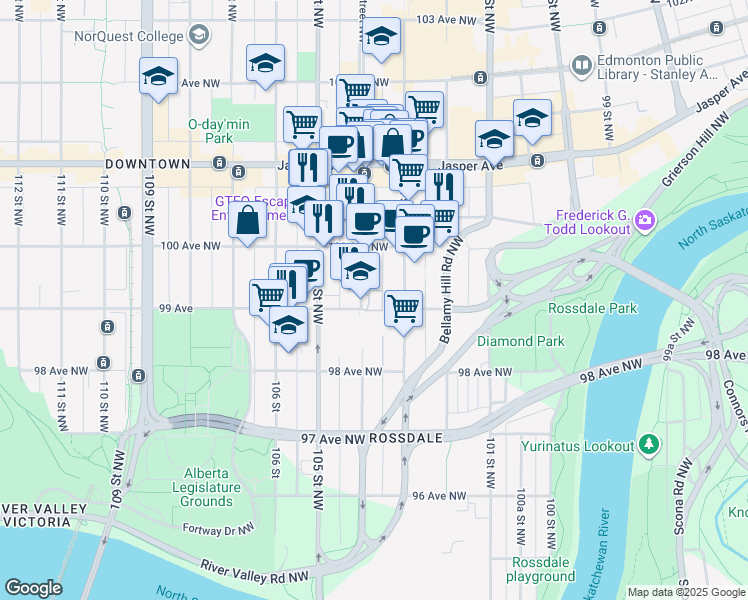 map of restaurants, bars, coffee shops, grocery stores, and more near in Edmonton