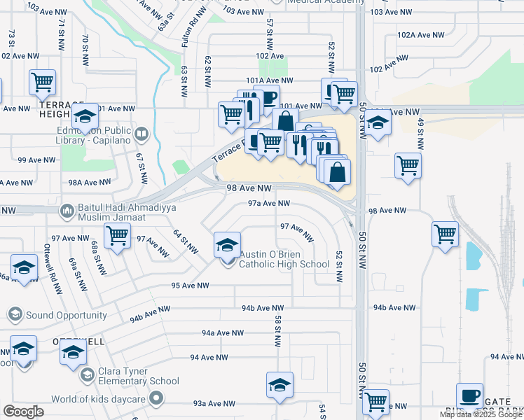 map of restaurants, bars, coffee shops, grocery stores, and more near 9712 57 Street Northwest in Edmonton