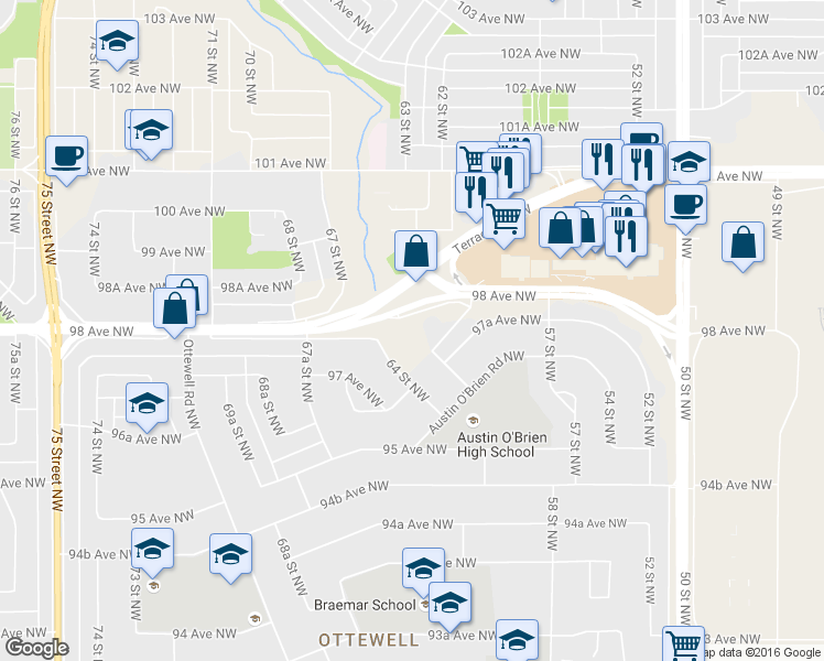 map of restaurants, bars, coffee shops, grocery stores, and more near 6125 98 Avenue Northwest in Edmonton