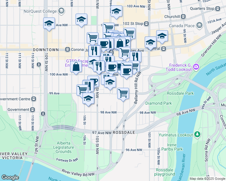 map of restaurants, bars, coffee shops, grocery stores, and more near in Edmonton