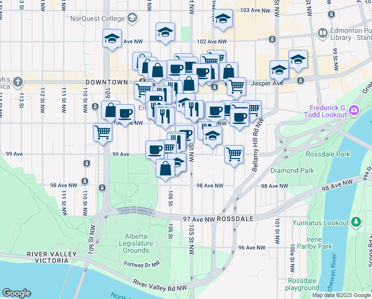 map of restaurants, bars, coffee shops, grocery stores, and more near in Edmonton