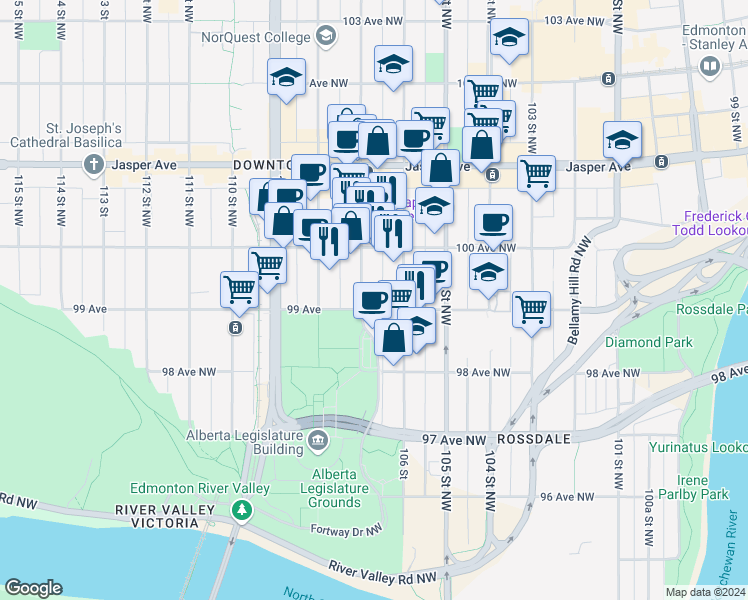 map of restaurants, bars, coffee shops, grocery stores, and more near 9924 106 Street in Edmonton