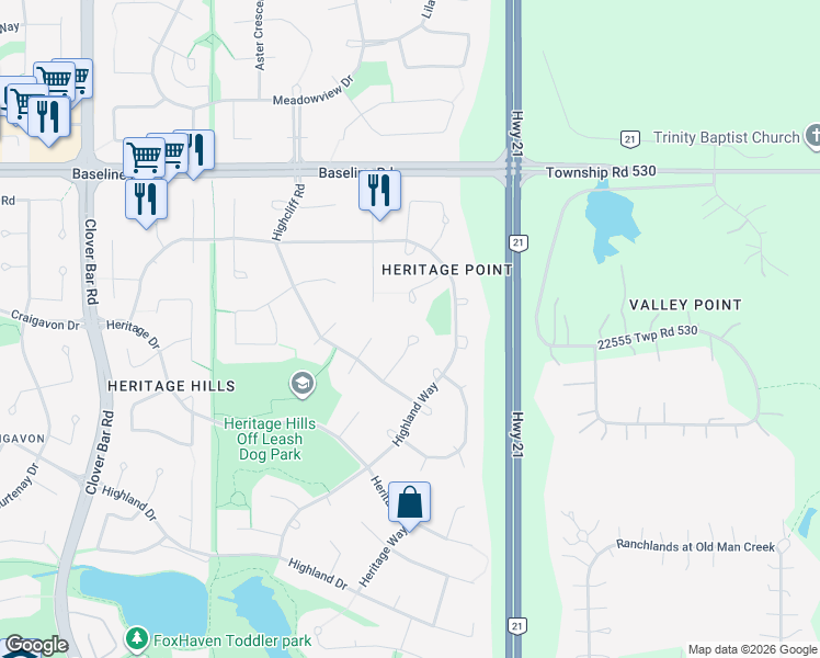 map of restaurants, bars, coffee shops, grocery stores, and more near 9 Highview Court in Sherwood Park