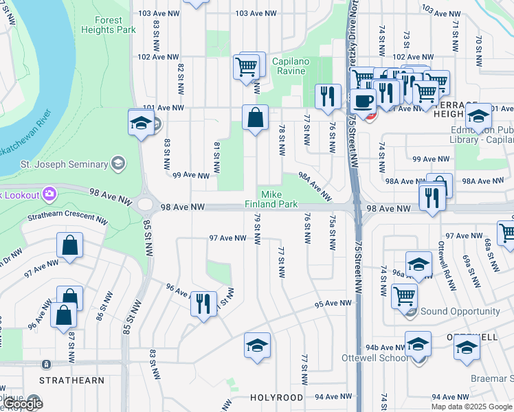 map of restaurants, bars, coffee shops, grocery stores, and more near 98 Ave NW & 79 St NW in Edmonton