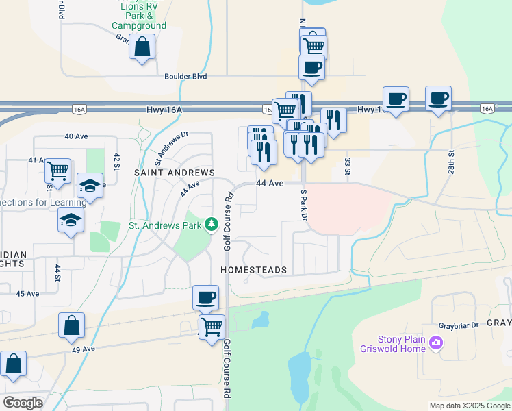 map of restaurants, bars, coffee shops, grocery stores, and more near 4403 37 Street in Stony Plain