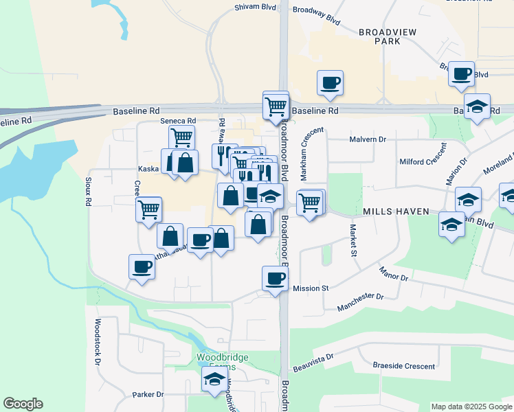 map of restaurants, bars, coffee shops, grocery stores, and more near 150 Blackfoot Road in Sherwood Park