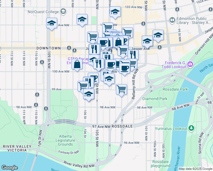 map of restaurants, bars, coffee shops, grocery stores, and more near 9910 104 Street Northwest in Edmonton
