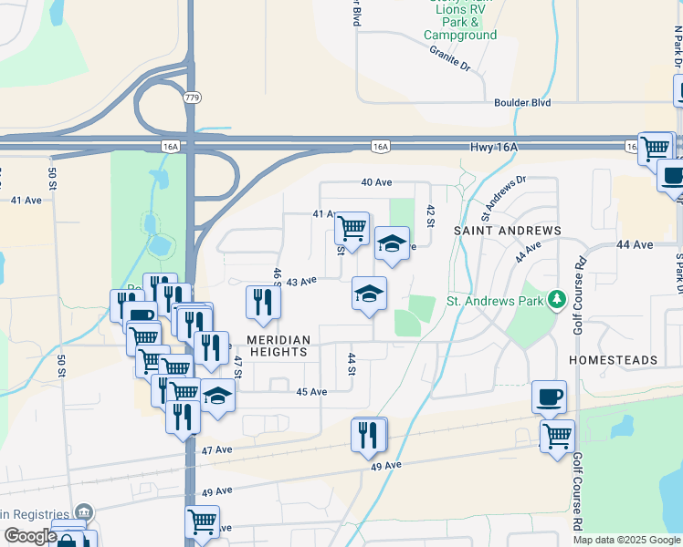map of restaurants, bars, coffee shops, grocery stores, and more near 43 Avenue in Stony Plain