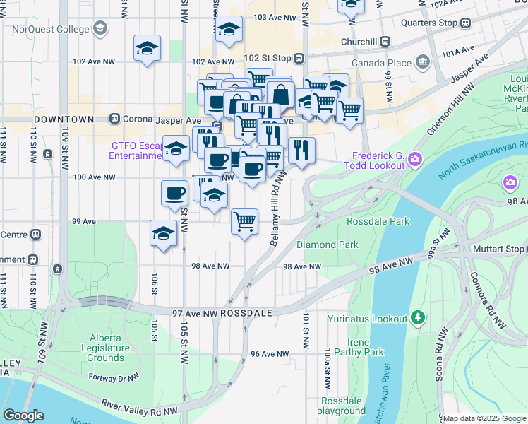 map of restaurants, bars, coffee shops, grocery stores, and more near 9930 Bellamy Hill Road Northwest in Edmonton