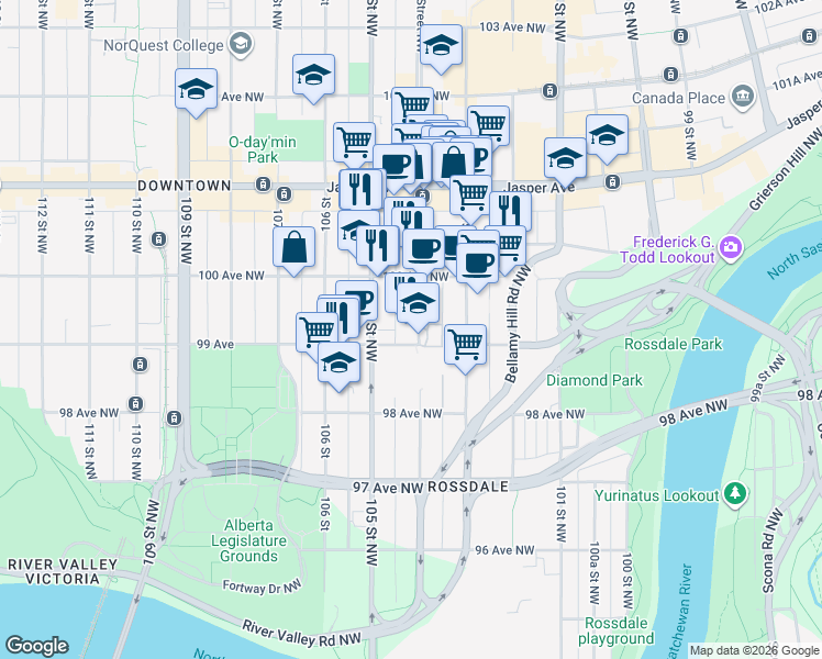 map of restaurants, bars, coffee shops, grocery stores, and more near 9910 104 Street Northwest in Edmonton