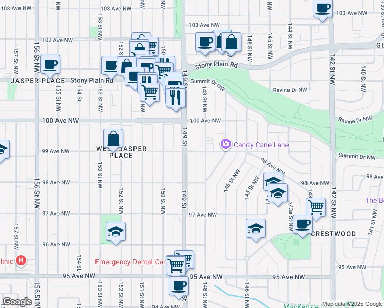 map of restaurants, bars, coffee shops, grocery stores, and more near in Edmonton