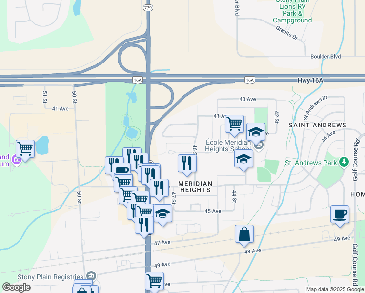 map of restaurants, bars, coffee shops, grocery stores, and more near 4703 43 Avenue in Stony Plain